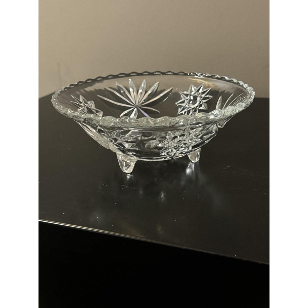 vintage candy dish crystal cut star of david pattern footed glass bowl